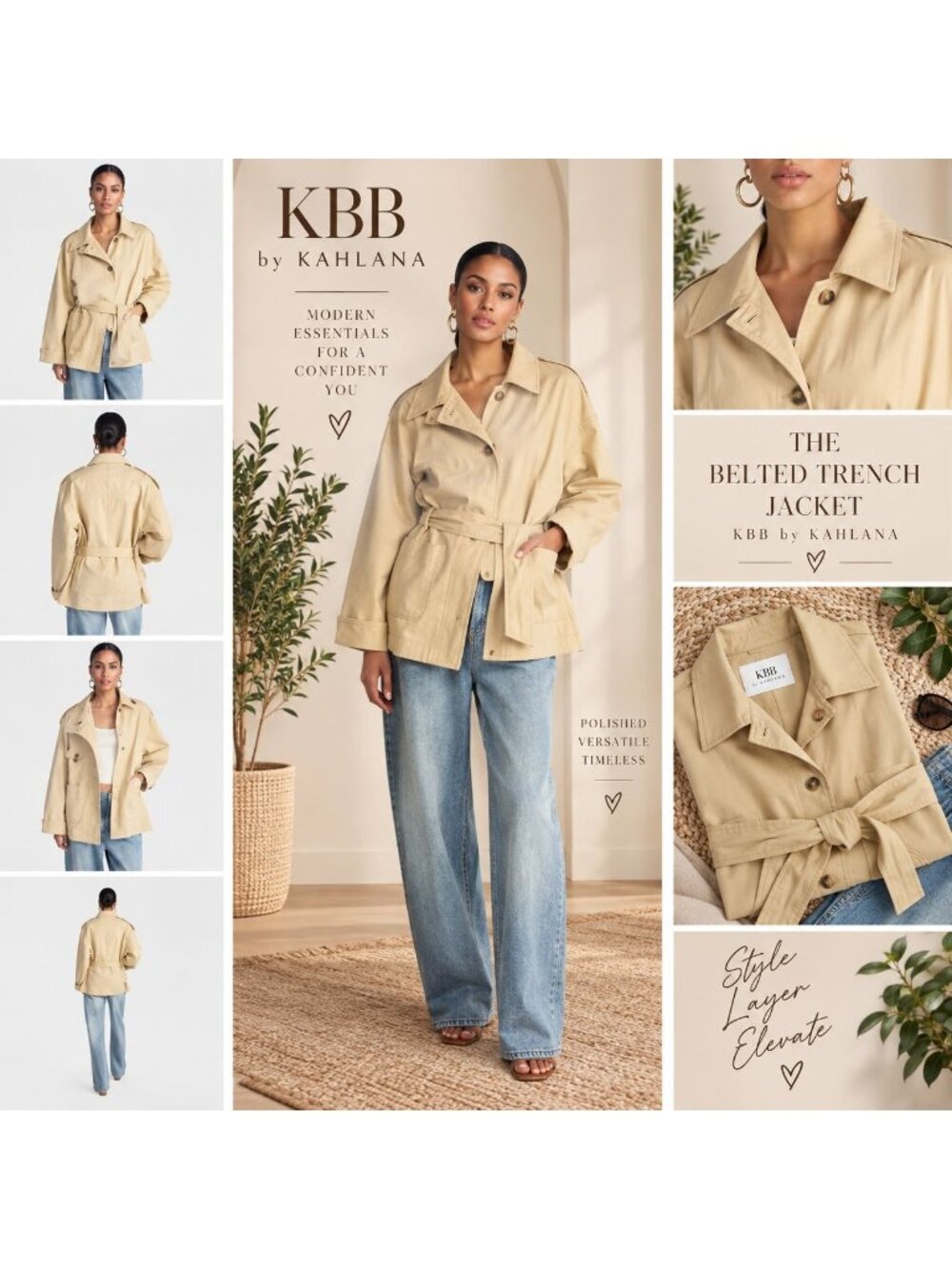 KBB by KAHLANA Women's Drop Waist 'The Belted Trench Jacket' -Khaki Large
